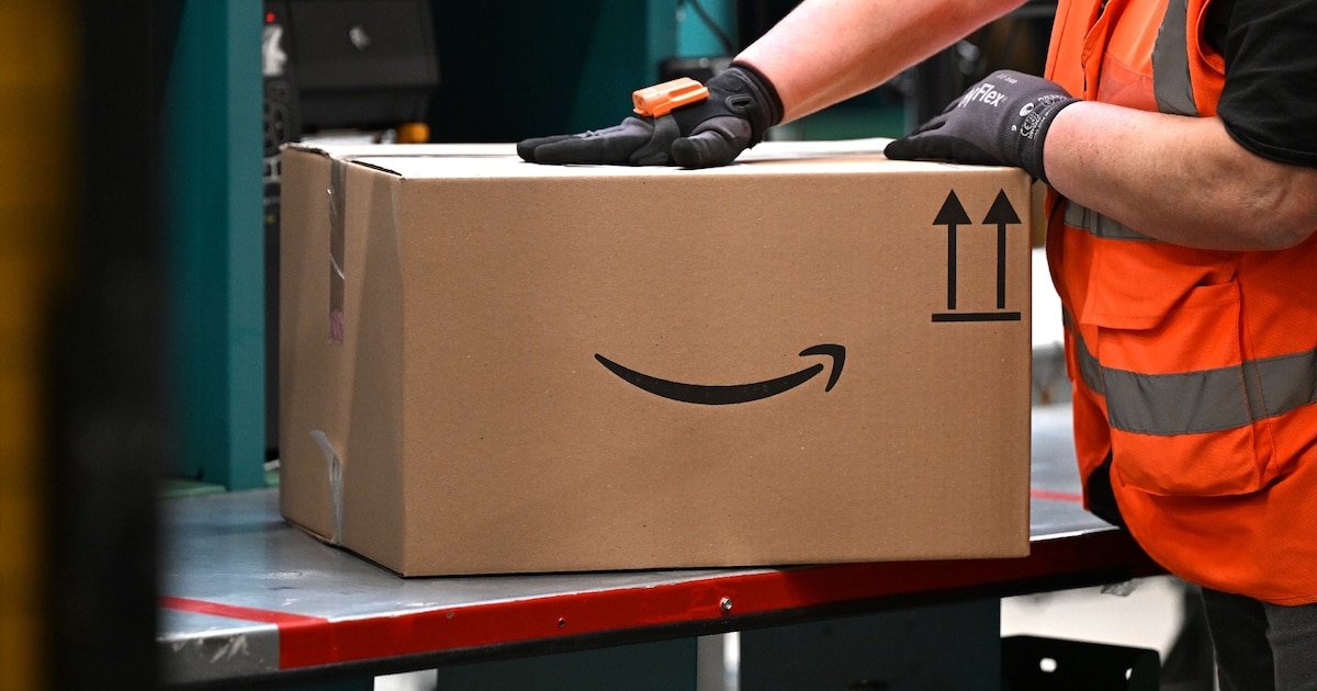 Un colis avec le logo Amazon, dans un centre d'acheminement du géant américain à Werne en Allemagne, le 21 novembre 2024
